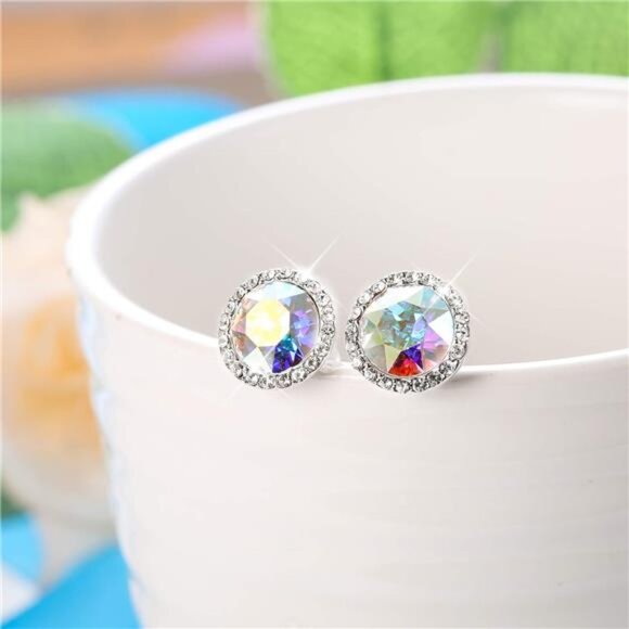 Sterling Silver Crystal Stud Earrings Round Rhinestone Halo Bridal Jewelry - Picture 4 of 7
